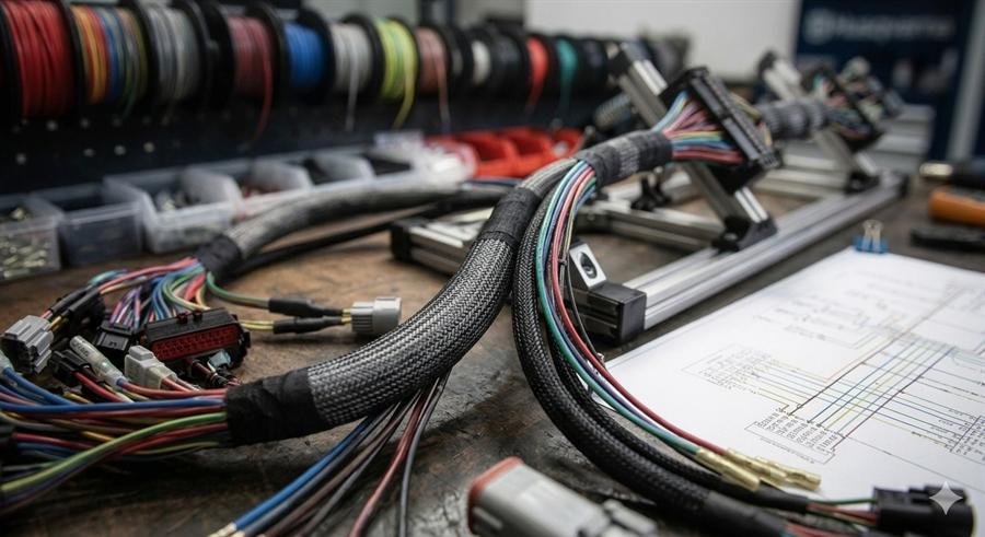 A motorcycle wiring loom laid out on a bench beside its diagram